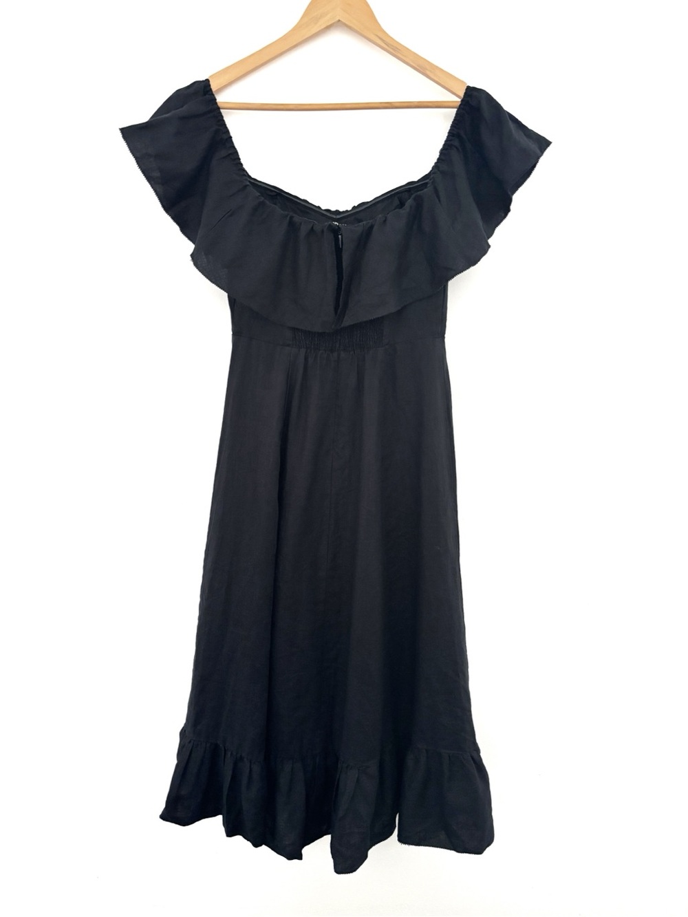Wilfred Marmion Linen Dress Black Off Shoulder Ruffle Midi Size 4 Aritzia - Picture 8 of 12